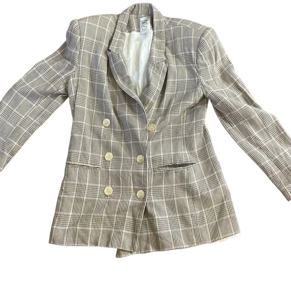 Vintage Plaid Double-Breasted Long Blazer- Sz 10- 100% Rayon-VERY DIANE KEATON!